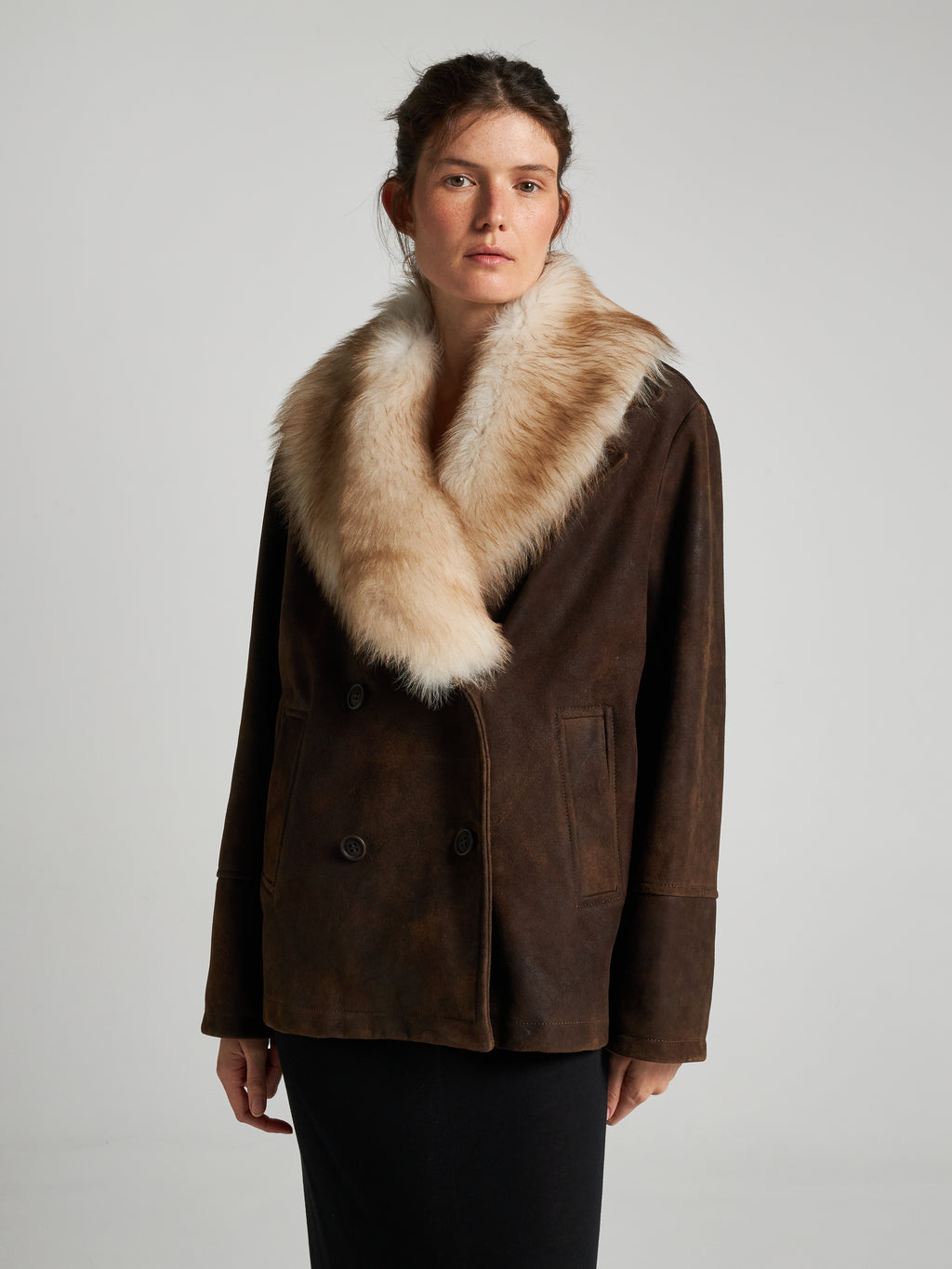 GIACCA DOPPIOPETTO IN PELLE SCAMOSCIATA- BROWN