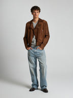 GIACCA BIKER IN PELLE SCAMOSCIATA - TOBACCO