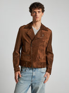 GIACCA BIKER IN PELLE SCAMOSCIATA - TOBACCO