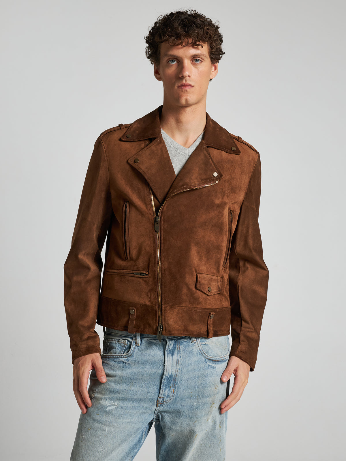 GIACCA BIKER IN PELLE SCAMOSCIATA - TOBACCO