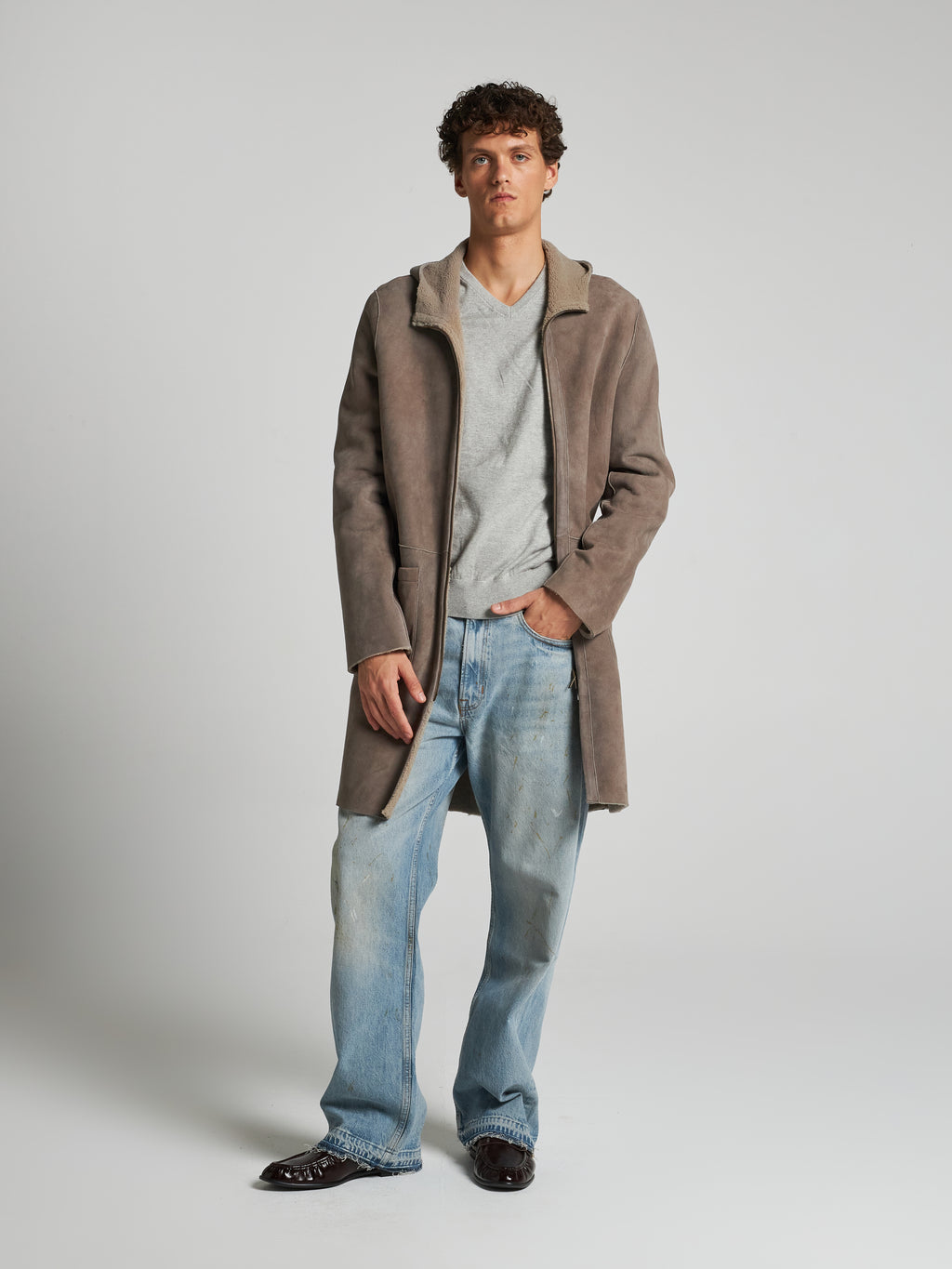 CAPPOTTO IN PELLE PLONGÉ STROPICCIATO CON CAPPUCCIO - STONE