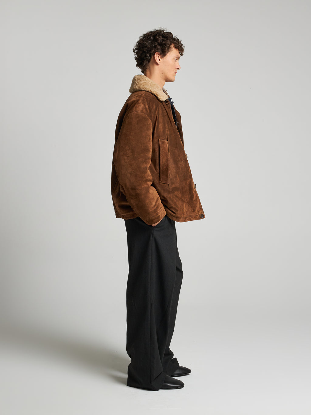GIACCA IN PELLE SCAMOSCIATA CON COLLETTO IN SHEARLING - TOBACCO