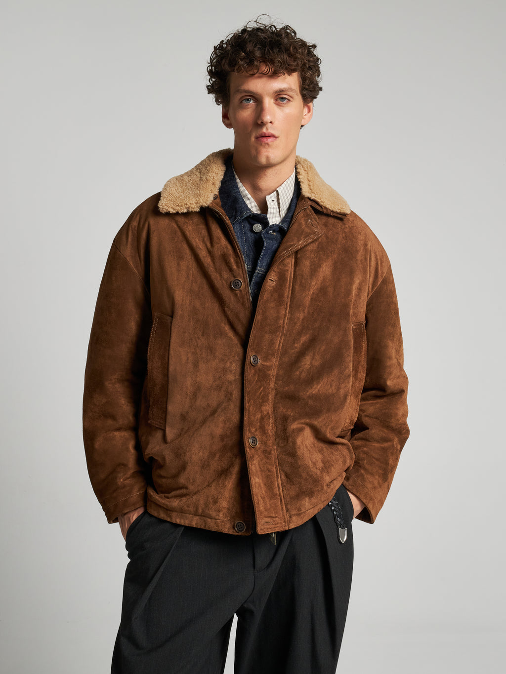 GIACCA IN PELLE SCAMOSCIATA CON COLLETTO IN SHEARLING - TOBACCO